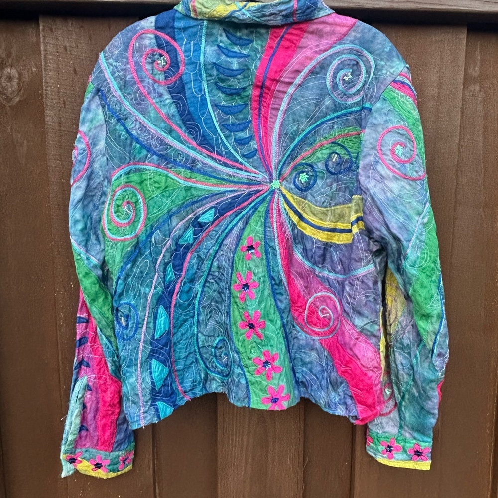 VINTAGE ANAGE Silk Appliqué Patchwork Jacket Lagenlook Art Wear 90s Funky Size M - Picture 12 of 16